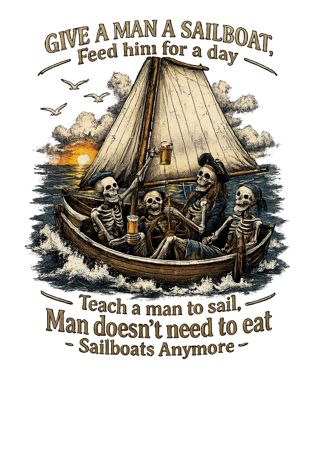 Teach a Man to Sail — skeleton pirates on a sailboat
